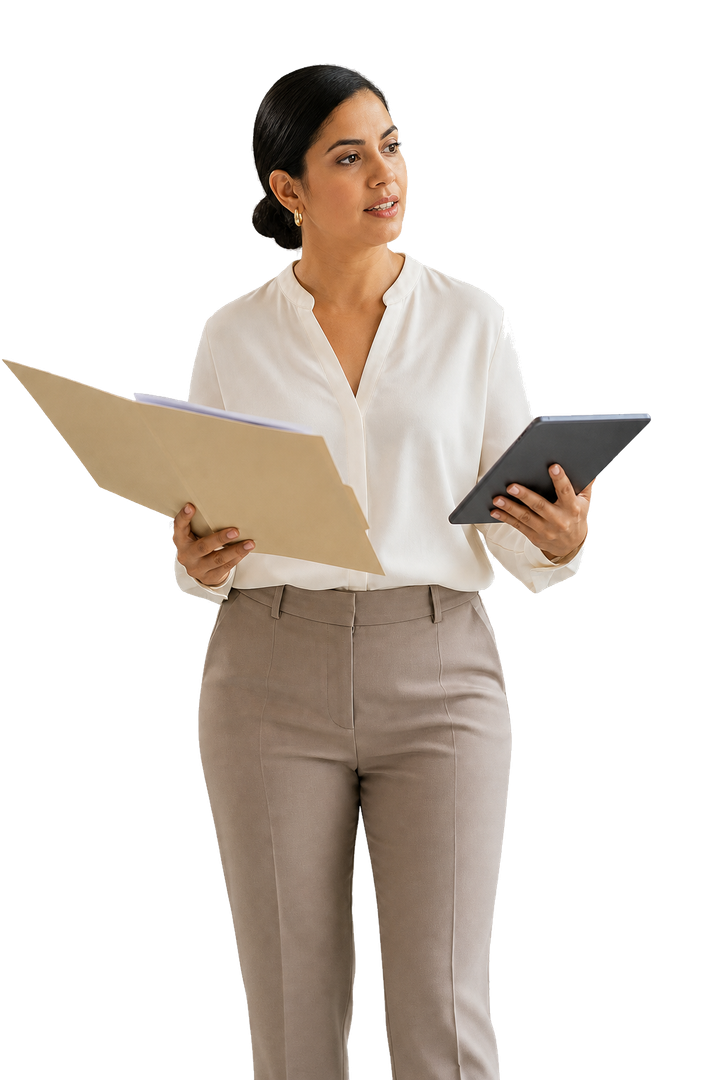 Consultora con documentos y tableta